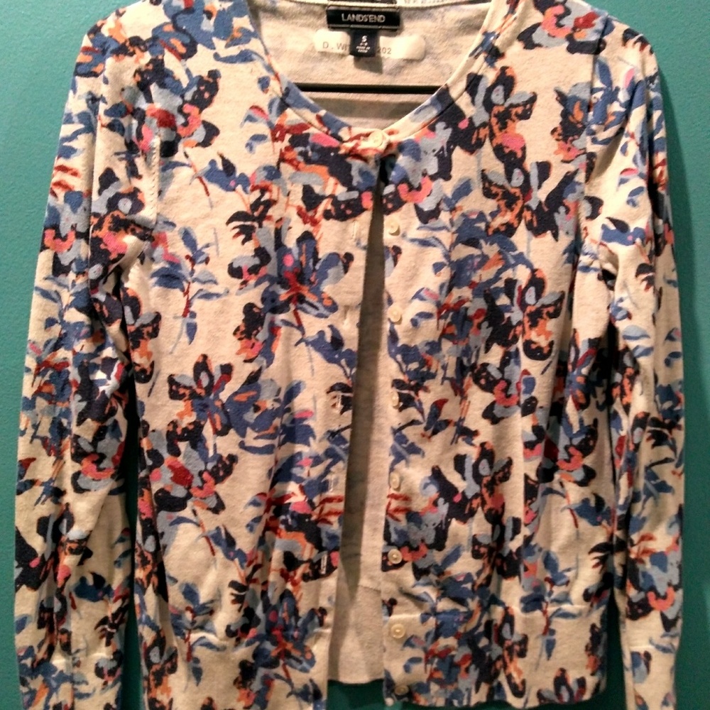 Lands End Cardigan Multi color 
100 % cotton 
Long